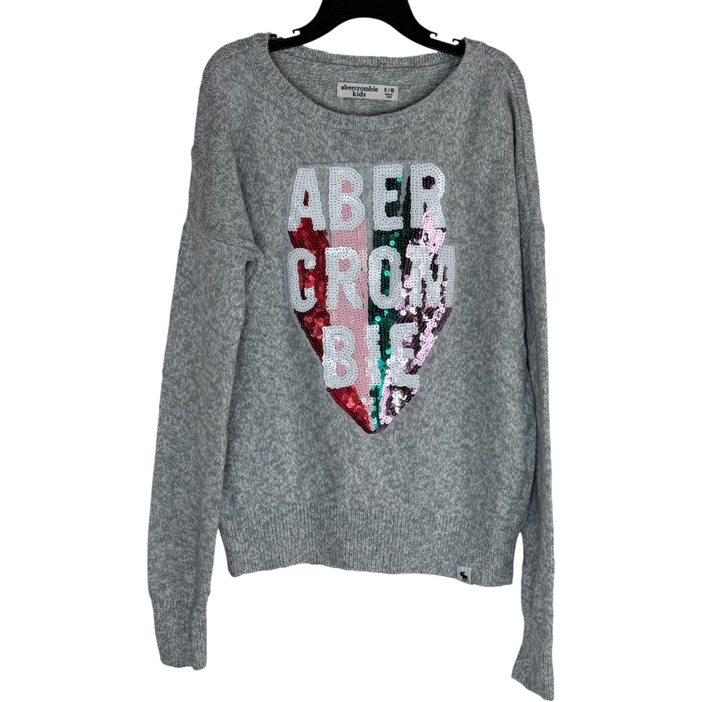 Abercrombie Kids Girls Gray Sequin Heart Logo Sweater‎ Size 9 10
